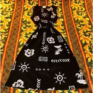 Vtg 80s/90s Bohemian Vacation Palm Tree Tribal Hibiscus Flower Sleeveless Dress
